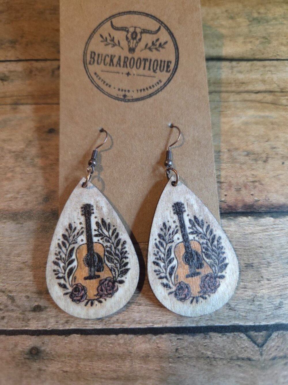 Wooden Acoustic Guitar Teardrop Earrings Western Boho Rodeo Music Lover